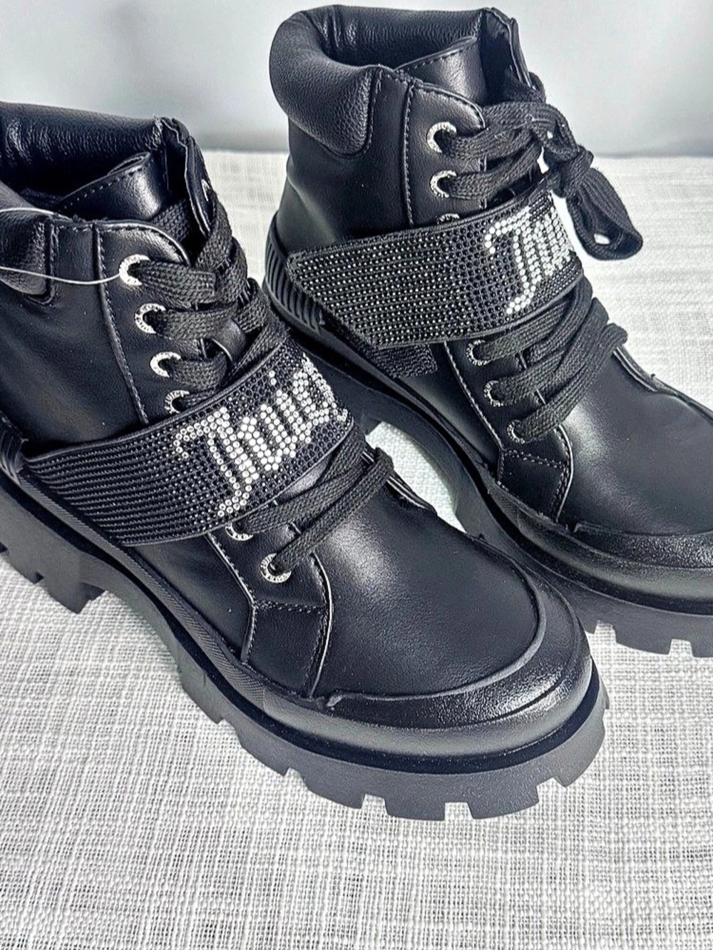 Juicy Couture Black Rhinestone Logo Combat Boots